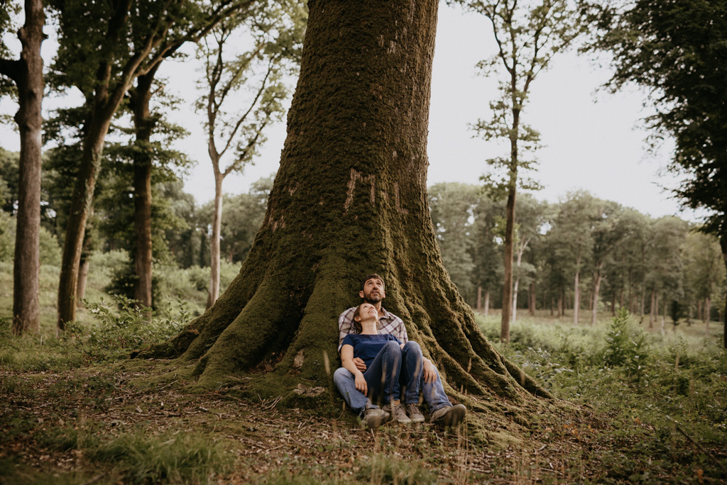 couple regarde en l'air arbre tronc