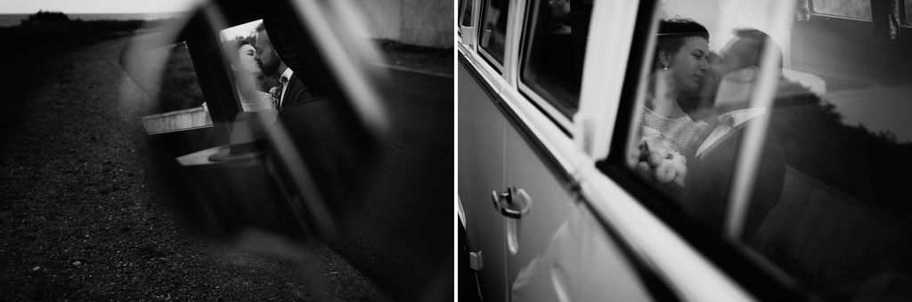 couple s'embrasse van volkswagen noir et blanc reflets