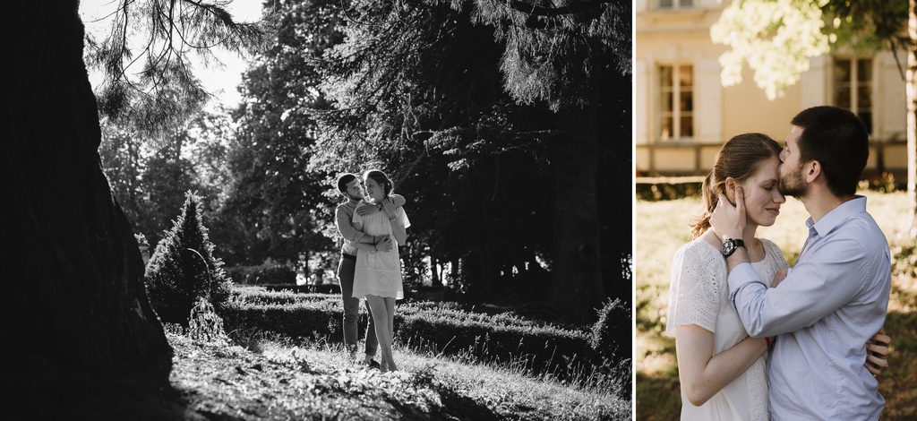 noir et blanc couple parc embrasser séance engagement Mayenne