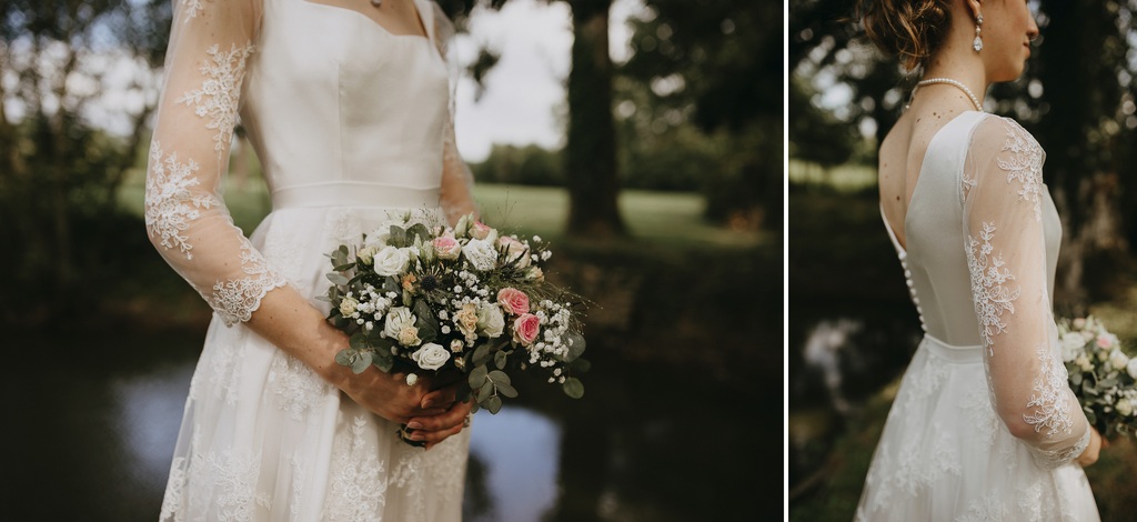 mariage Mayenne bouquet robe détail dentelle étang dos