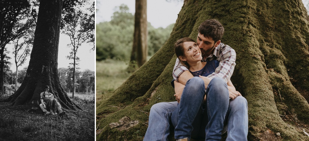 couple s'embrasse assis tronc forêt Mervent