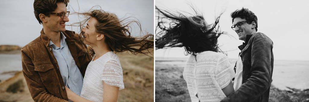 cheveux dans le vent séance engageùent rires côte mer pointe du Bile