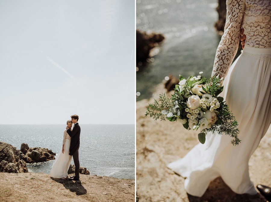 couple mer côte soleil Pouliguen bouquet mariée