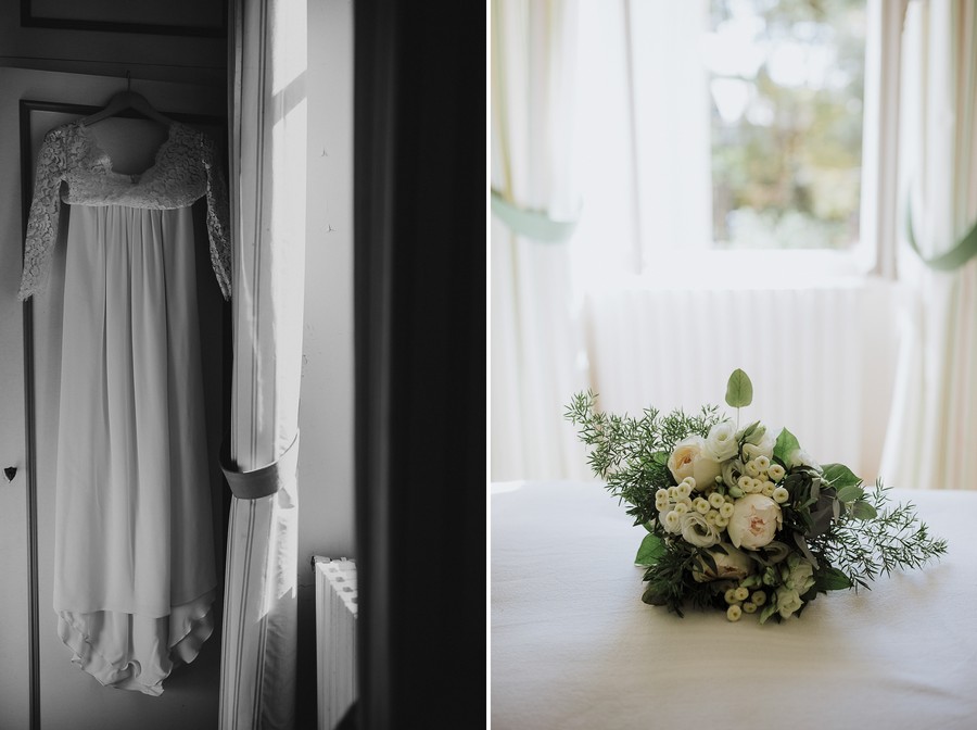 robe mariée noir et blanc bouquet lumière fenêtre