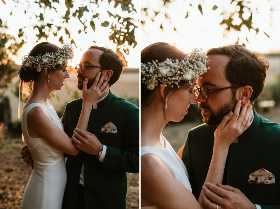 séance couple champêtre arbres couronne fleurs proche intime