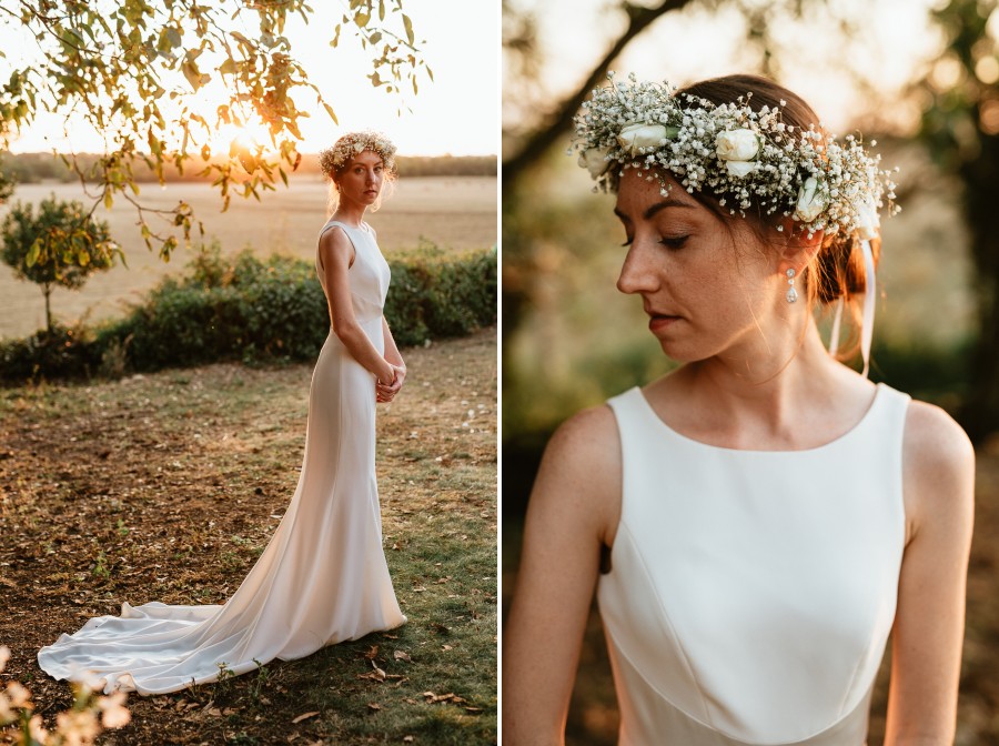 mariée robe couronne de fleurs contre-jour arbres