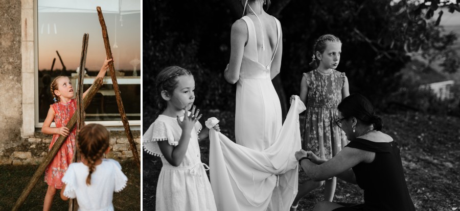 enfants jouent branches mariage retouche robe mariée