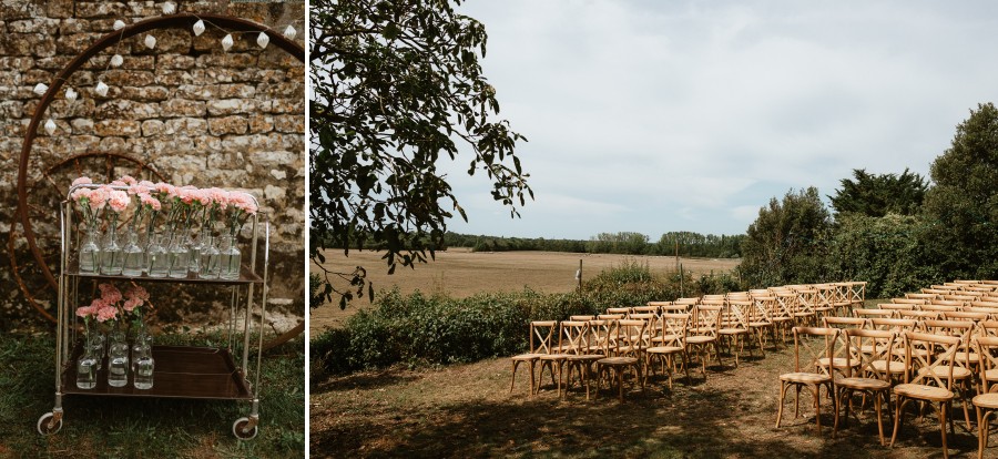 cérémonie laïque chaise paysage oeillets bouteilles verre