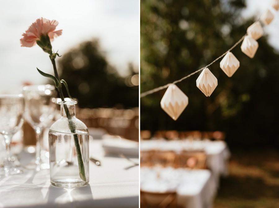 réception mariage ambiance guinguette fleurs guirlandes