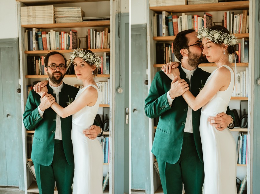 séance couple bibliothèque couronne fleurs robe mariée costume