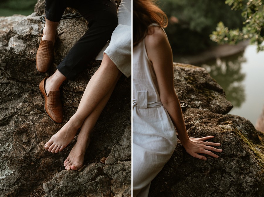 Détails de pieds et de main au-dessus de la vallée de la Mère à Mervent